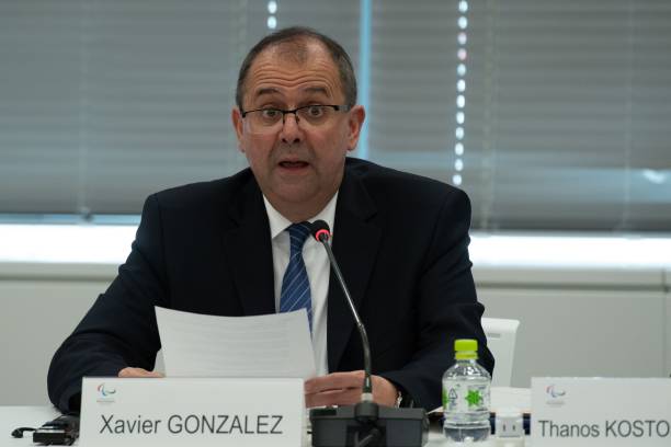 Xavier Gonzalez, CEO of the International Paralympic Committee, holds a press conference, on May 17, 2018 in Tokyo, during a Project Review meeting...