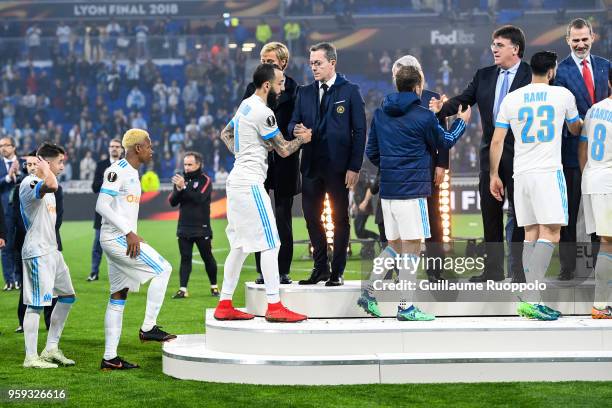 Kostas Mitroglou and Jacques Henry Eyraud, president of Marseille look dejected during the Europa League Final match between Marseille and Atletico...