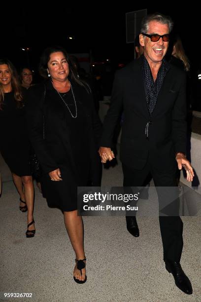 Pierce Brosnan and his wife Keely Shaye Smith arrive at a party in Port Canto during the 71st annual Cannes Film Festival at on May 16, 2018 in...