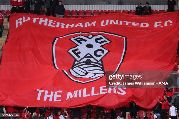 Banner held up by Rotherham Fans during the Sky Bet League One Play Off Semi Final:Second Leg between Rotherham United and Scunthorpe United at The...