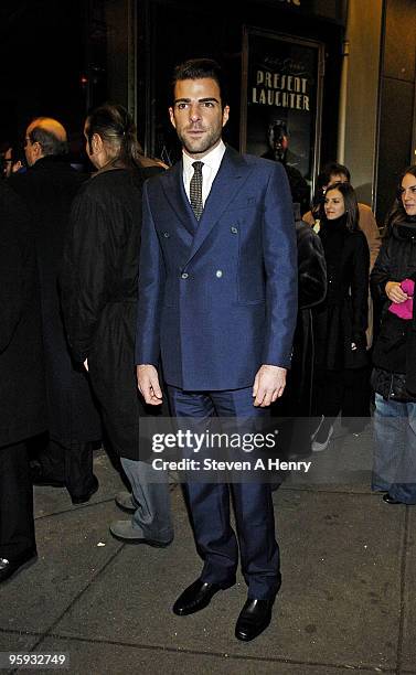Actor Zachary Quinto attends the opening night of "Present Laughter" on Broadway at the American Airlines Theatre on January 21, 2010 in New York...