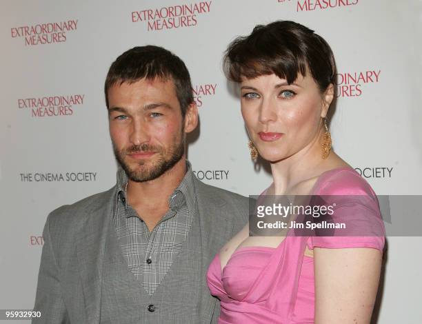Actors Andy Whitfield and Lucy Lawless attend the Cinema Society with John & Aileen Crowley screening of "Extraordinary Measures" at the School of...