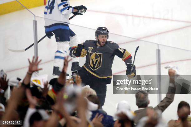 Jonathan Marchessault of the Vegas Golden Knights celebrates his first-period goal against the Winnipeg Jets in Game Three of the Western Conference...