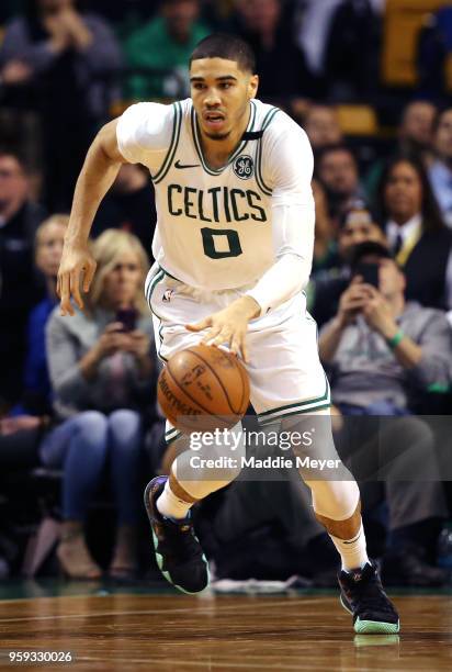 Jayson Tatum of the Boston Celtics during Game One of the Eastern Conference Final Round of the 2018 NBA Playoffs at TD Garden on May 13, 2018 in...