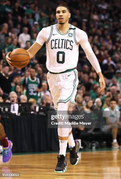 Jayson Tatum of the Boston Celtics during Game One of the Eastern Conference Final Round of the 2018 NBA Playoffs at TD Garden on May 13, 2018 in...