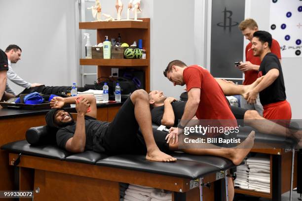 Chris Paul and Ryan Anderson of the Houston Rockets in the training room before the game against the Golden State Warriors in Game Two of the Western...