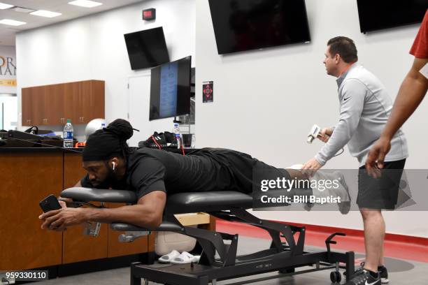 Nene Hilario of the Houston Rockets in the training room before the game against the Golden State Warriors in Game Two of the Western Conference...