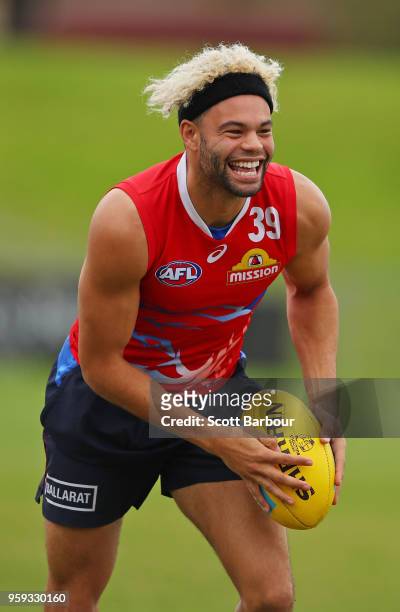 Jason Johannisen of the Bulldogs runs with the ball during a Western Bulldogs AFL training session at Whitten Oval on May 17, 2018 in Melbourne,...