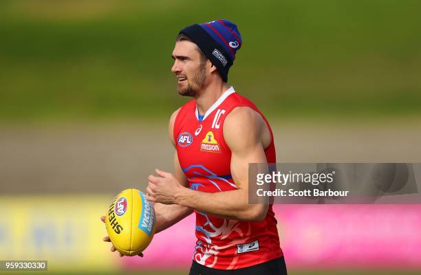Easton Wood of the Bulldogs runs with the ball during a Western Bulldogs AFL training session at Whitten Oval on May 17, 2018 in Melbourne, Australia.