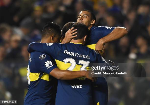 Ramon Abila of Boca Juniors celebrates with teammates after scoring the fourth goal of his team during a match between Boca Juniors and Alianza Lima...