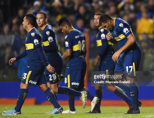 Ramon Abila of Boca Juniors celebrates with teammates after scoring the fourth goal of his team during a match between Boca Juniors and Alianza Lima...