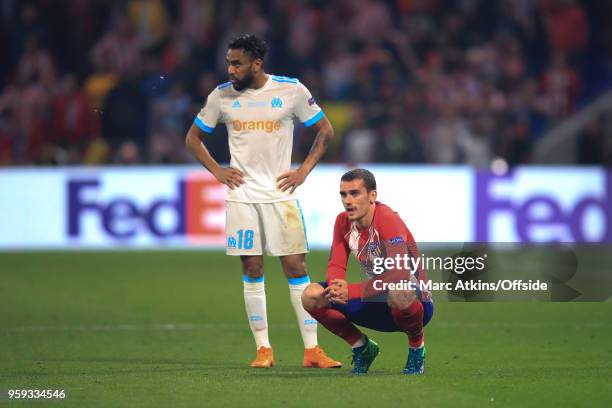 Antoine Griezmann of Atletico Madrid alongside Jordan Amavi of Olympique de Marseille during the UEFA Europa League Final between Olympique de...