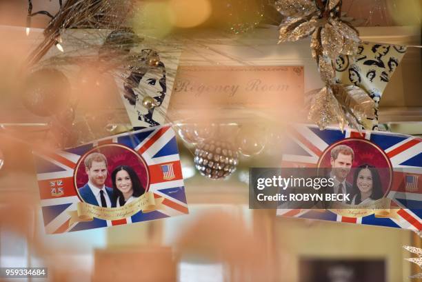 Royal wedding flags adorn the dining room at the Rose Tree Cottage in Pasadena, north of Los Angeles, California, May 15 where Markle has been a...