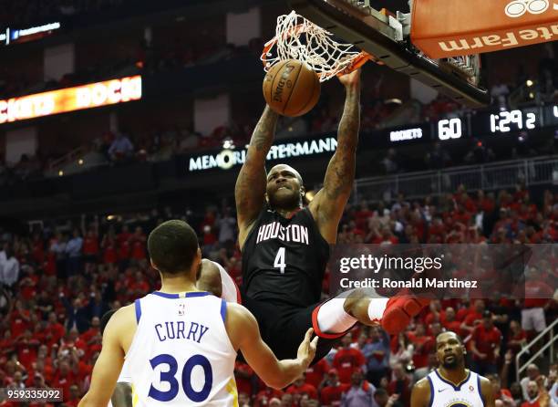 Tucker of the Houston Rockets dunks against the Golden State Warriors in the first half of Game Two of the Western Conference Finals of the 2018 NBA...