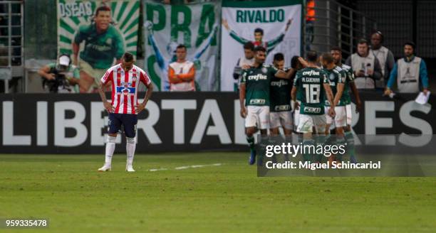 Jarlan Barrera of Junior Barranquilla of Colombia reacts after a third goal of Brazil Palmeiras during the match for the Copa CONMEBOL Libertadores...