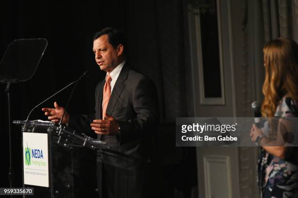Frank Bisignano and Shelly Steinwurtzel speak onstage during the National Eating Disorders Association Annual Gala 2018 at The Pierre Hotel on May...