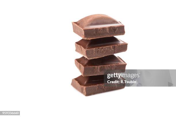 stack of chocolate pieces on a white background and isolated - close up of chocolates for sale stock pictures, royalty-free photos & images