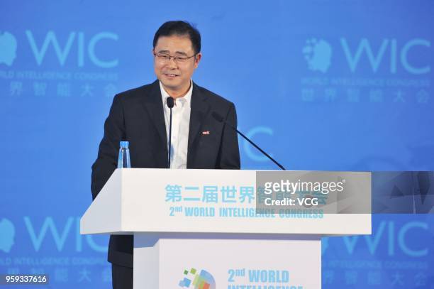 Chairman of Hangzhou Hiklp Electronics Co., Ltd. Chen Zongnian delivers a speech during the 2nd World Intelligence Congress at Tianjin Meijiang...