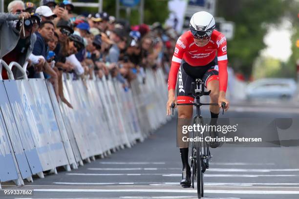 Peter Stetina of the United States riding for Team Trek Segafredo crosses the finish line to complete stage four of the 13th Amgen Tour of California...
