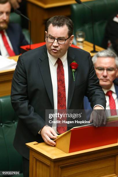Finance Minister Grant Robertson speaks during the 2018 budget presentation at Parliament on May 17, 2018 in Wellington, New Zealand. Grant Robertson...
