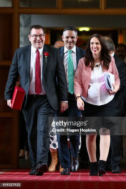 Finance Minister Grant Robertson and Prime Minister Jacinda Ardern make their way to the House for the 2018 budget presentation at Parliament on May...