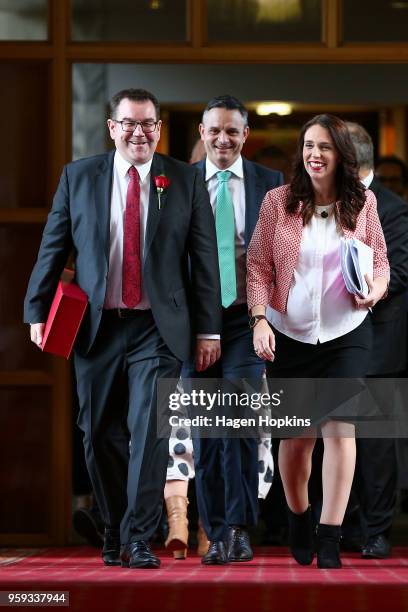 Finance Minister Grant Robertson and Prime Minister Jacinda Ardern make their way to the House for the 2018 budget presentation at Parliament on May...