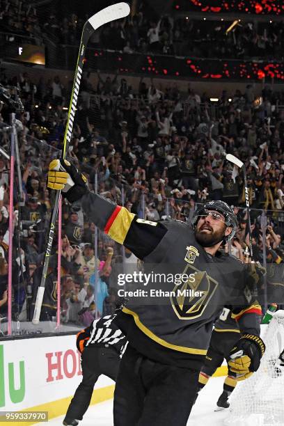 Alex Tuch of the Vegas Golden Knights celebrates his second-period goal against the Winnipeg Jets in Game Three of the Western Conference Finals...