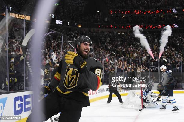 The Winnipeg Jets react as Alex Tuch of the Vegas Golden Knights celebrates his second-period goal in Game Three of the Western Conference Finals...