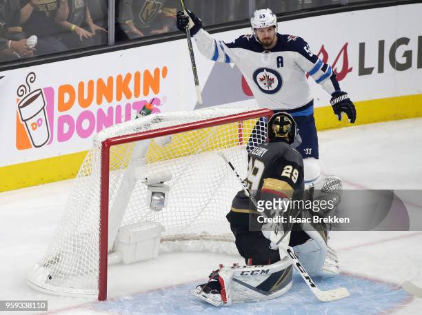 Mark Scheifele of the Winnipeg Jets celebrates after scoring a second-period goal past Marc-Andre Fleury of the Vegas Golden Knights in Game Three of...
