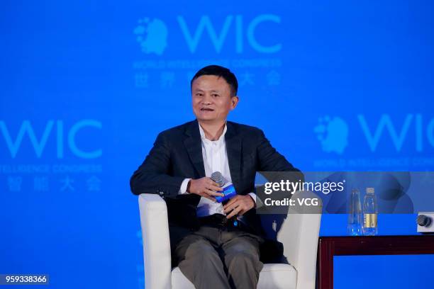 Alibaba chairman Jack Ma delivers a speech during the 2nd World Intelligence Congress at Tianjin Meijiang Convention and Exhibition Center on May 16,...