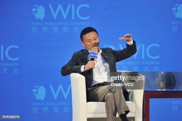 Alibaba chairman Jack Ma delivers a speech during the 2nd World Intelligence Congress at Tianjin Meijiang Convention and Exhibition Center on May 16,...