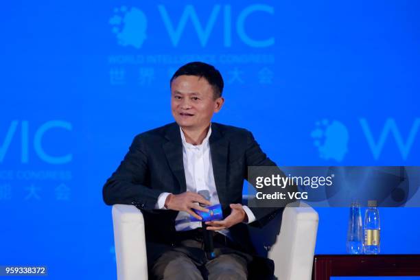 Alibaba chairman Jack Ma delivers a speech during the 2nd World Intelligence Congress at Tianjin Meijiang Convention and Exhibition Center on May 16,...