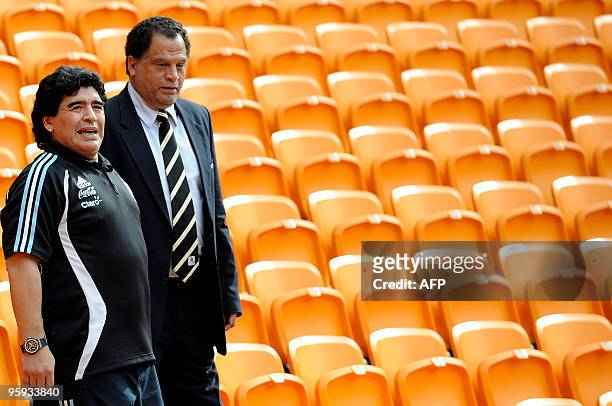 Argentinian soccer head coach Diego Maradona , flanked by 2010 Organising Committee CEO Danny Jordaan , visits Soccer City Stadium on January 21,...