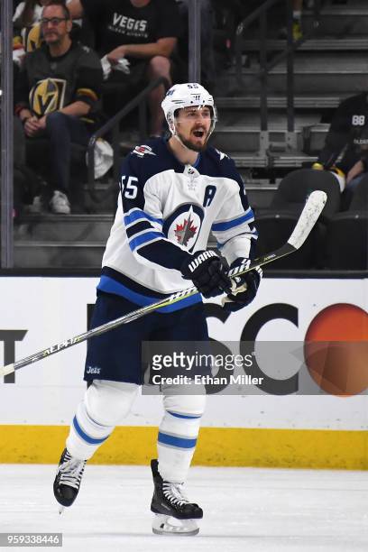 Mark Scheifele of the Winnipeg Jets celebrates his second-period goal against the Vegas Golden Knights in Game Three of the Western Conference Finals...