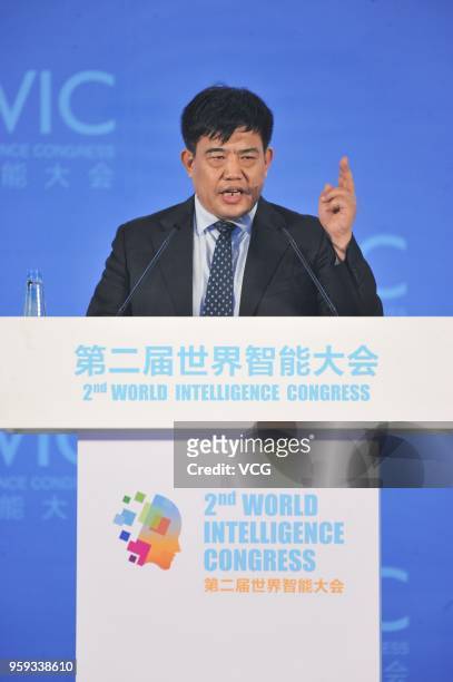 General manager of China Hualu Group Co., Ltd. Zhang Liming delivers a speech during the 2nd World Intelligence Congress at Tianjin Meijiang...