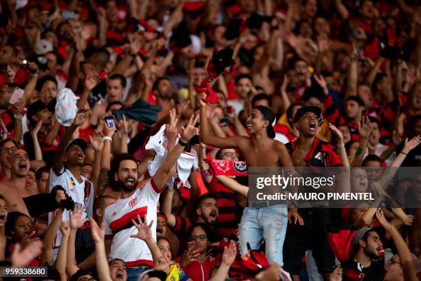 Brazil's Flamengo supporters celebrate their team won a Copa Libertadores 2018 football match against Ecuador's Emelec at Maracana Stadium in Rio de...