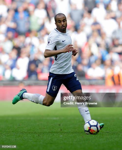 Lucas Moura of Tottenham Hotspur controls the ball during the Premier League match between Tottenham Hotspur and Leicester City at Wembley Stadium on...