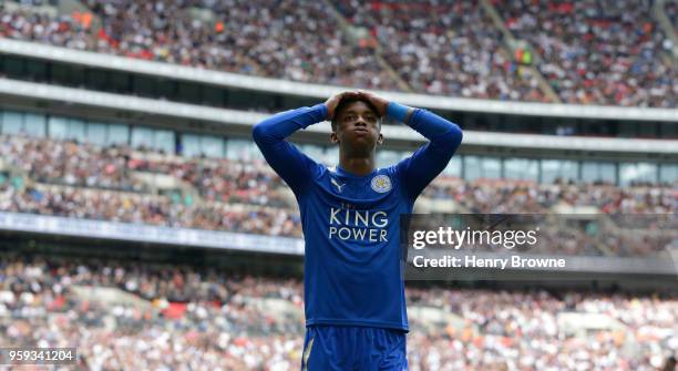 Demarai Gray of Leicester City reacts during the Premier League match between Tottenham Hotspur and Leicester City at Wembley Stadium on May 13, 2018...