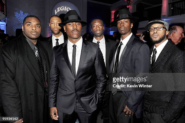 Actor Tyrese Gibson and guests pose at the afterparty for the premiere of Screen Gems' "Legion" at Boulevard 3 on January 21, 2010 in Los Angeles,...