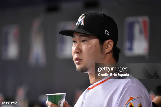 Junichi Tazawa of the Miami Marlins looks on after being pulled in the sixth inning against the Los Angeles Dodgers at Marlins Park on May 16, 2018...