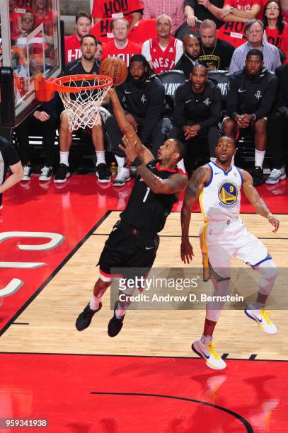 Trevor Ariza of the Houston Rockets goes to the basket against the Golden State Warriors during Game Two of the Western Conference Finals of the 2018...