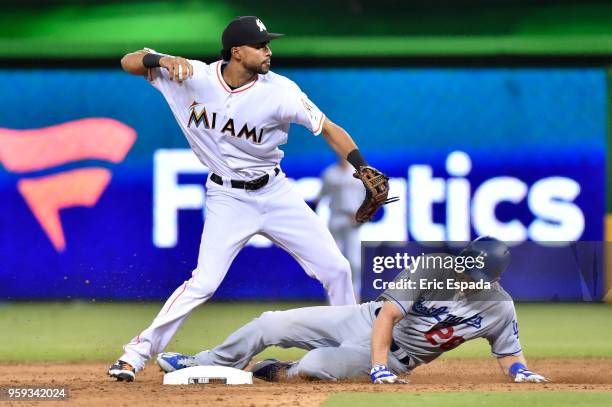 Yadiel Rivera of the Miami Marlins throws towards first on a game ending double play against the Los Angeles Dodgers at Marlins Park on May 16, 2018...