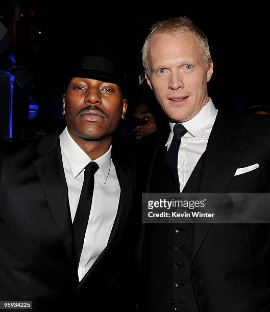 Actors Tyrese Gibson and Paul Bettany pose at the afterparty for the premiere of Screen Gems' "Legion" at Boulevard 3 on January 21, 2010 in Los...