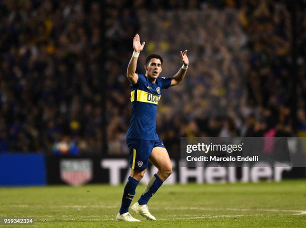 Cristian Pavon of Boca Juniors greets fans after a match between Boca Juniors and Alianza Lima at Alberto J. Armando Stadium on May 16, 2018 in La...