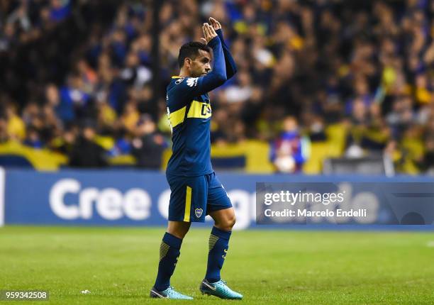 Carlos Tevez of Boca Juniors greets fans during a match between Boca Juniors and Alianza Lima at Alberto J. Armando Stadium on May 16, 2018 in La...