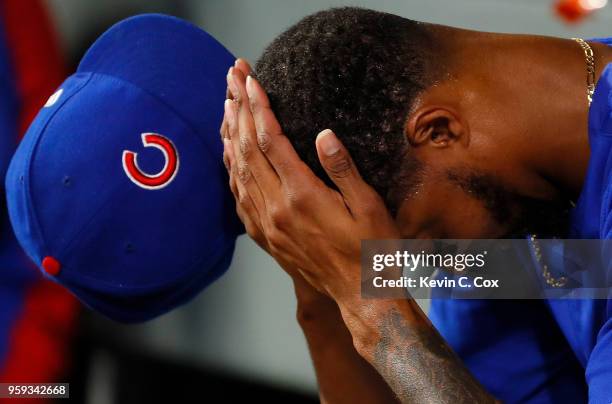 Carl Edwards Jr. #6 of the Chicago Cubs reacts after being pulled in the eighth inning against the Atlanta Braves at SunTrust Park on May 16, 2018 in...