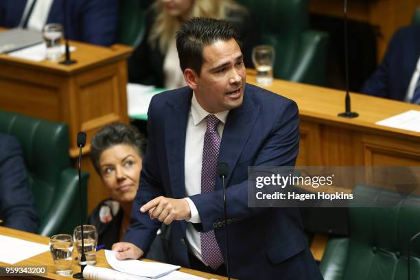 National leader Simon Bridges speaks during the 2018 budget presentation at Parliament on May 17, 2018 in Wellington, New Zealand. Grant Robertson...