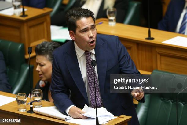 National leader Simon Bridges speaks during the 2018 budget presentation at Parliament on May 17, 2018 in Wellington, New Zealand. Grant Robertson...