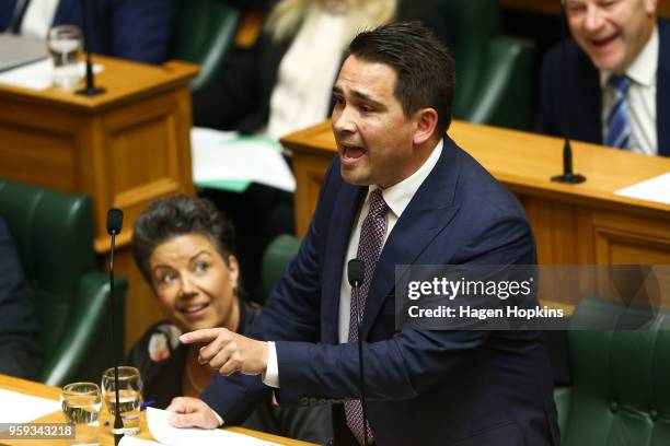 National leader Simon Bridges speaks during the 2018 budget presentation at Parliament on May 17, 2018 in Wellington, New Zealand. Grant Robertson...