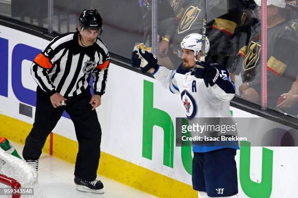 Mark Scheifele of the Winnipeg Jets celebrates his third-period goal against the Vegas Golden Knights in Game Three of the Western Conference Finals...